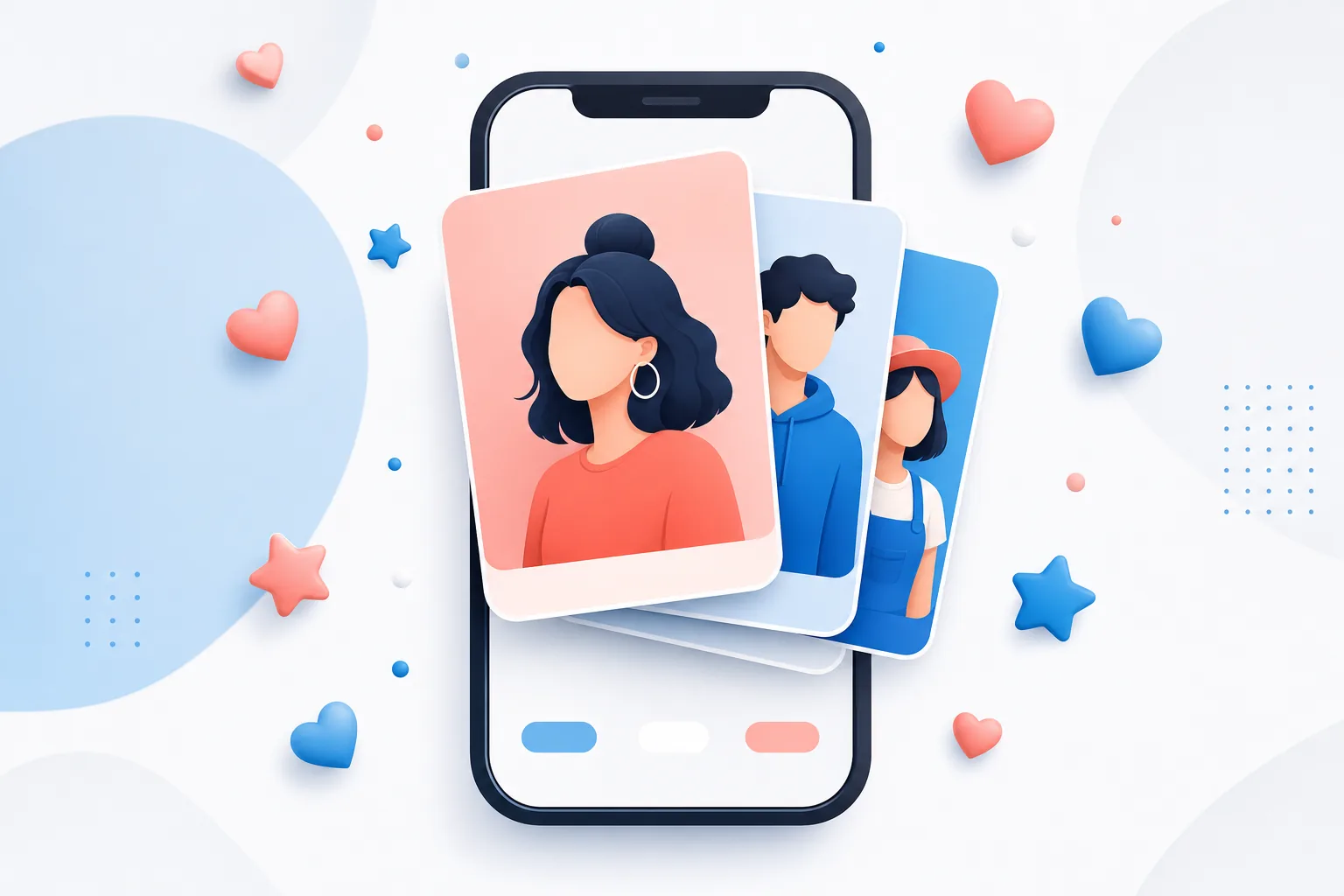 Editorial illustration of a smartphone showing a stack of stylish creator profile cards with hearts and stars — how subscribers discover the best free OnlyFans creators of 2026.